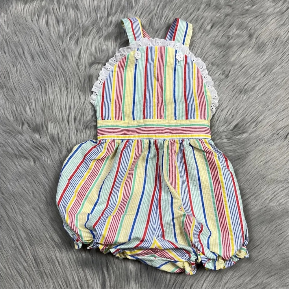 Vintage Toddler Girls Primary Striped Ruffle Sunsuit Romper